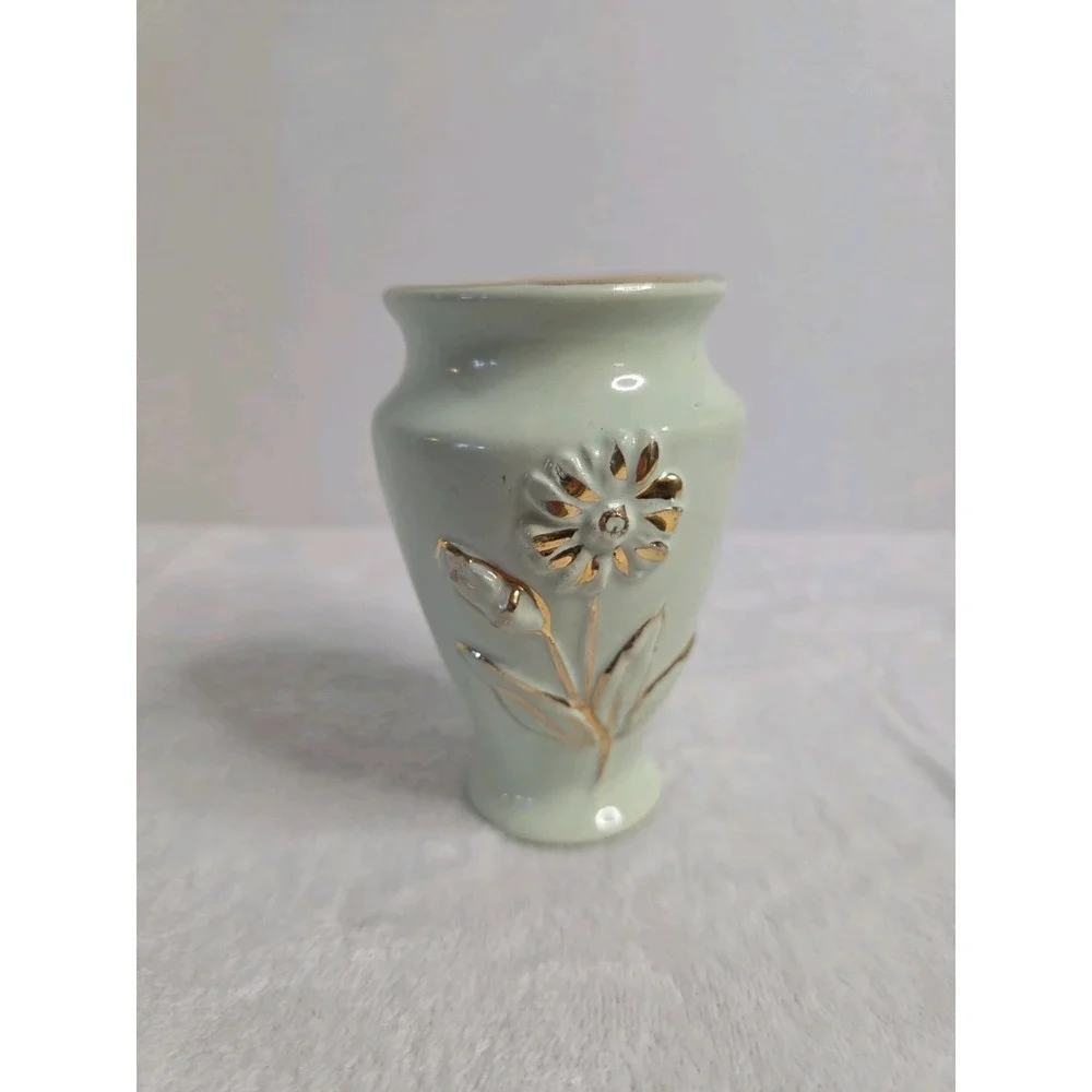 Vintage‎ Vase circa 1940's Green Pottery with Gold Embossed Flowers 4.5 Inch